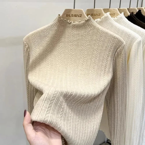 Soft ribbed mock-neck knit top with wavy-edge details and long sleeves Vohran UK