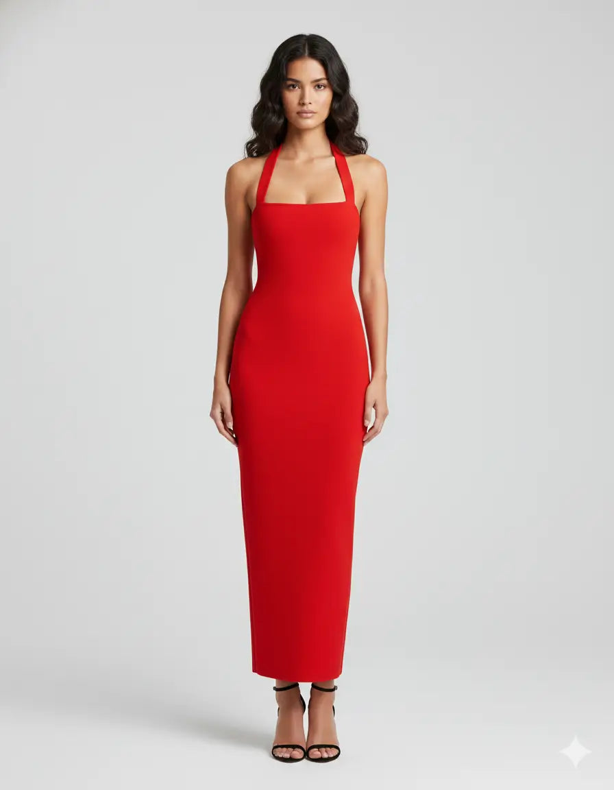 Women's red halter neck maxi bodycon dress – floor-length elegant evening dress available at Vohran UK
