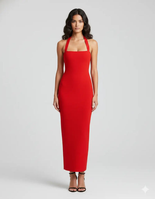 Women's red halter neck maxi bodycon dress – floor-length elegant evening dress available at Vohran UK