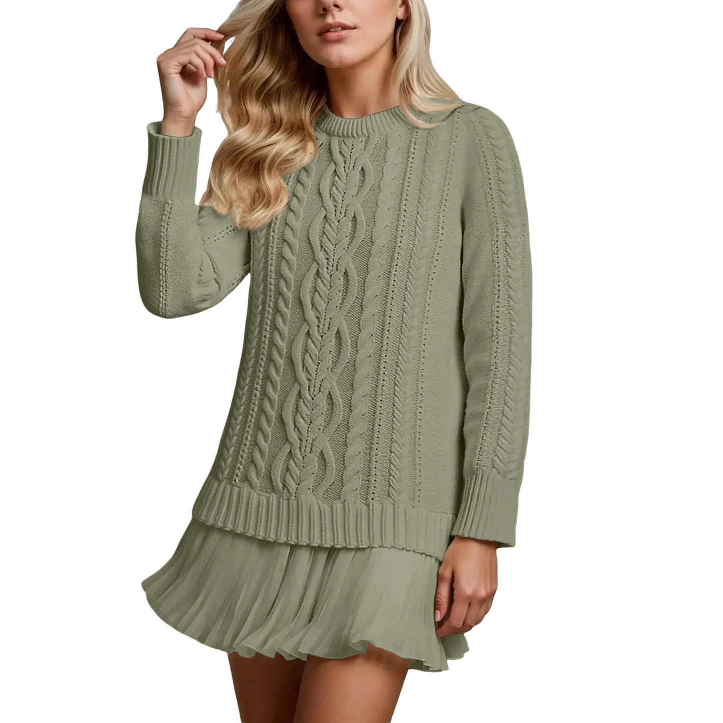 Round neck knitted mini dress with soft textured knit and flowing skirt Vohran UK