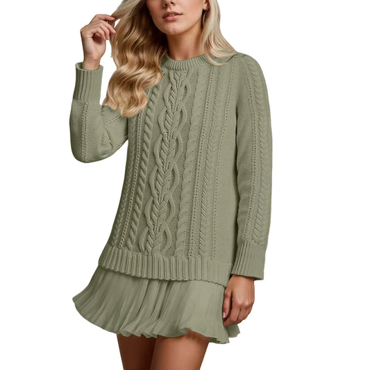 Round neck knitted mini dress with soft textured knit and flowing skirt Vohran UK