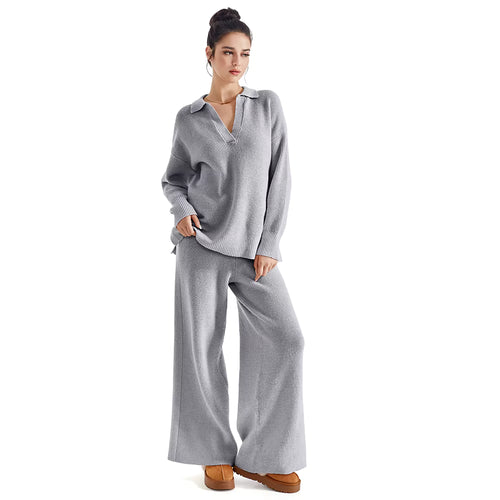 Soft knitted two-piece loungewear set with long-sleeve top and wide-leg trousers Vohran UK