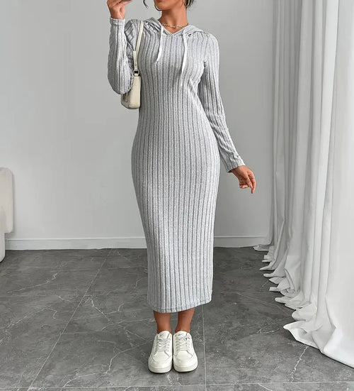 Slim ribbed knit hooded midi dress with long sleeves and modern fit by Vohran UK