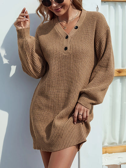 Knitted mini sweater dress with V-neckline, buttons and loose sleeves Vohran UK