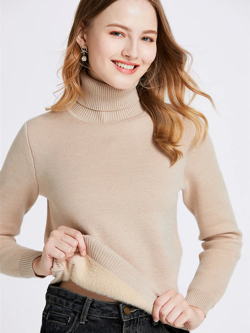 Velvet-lined turtleneck knitted sweater for women with warm interior Vohran UK